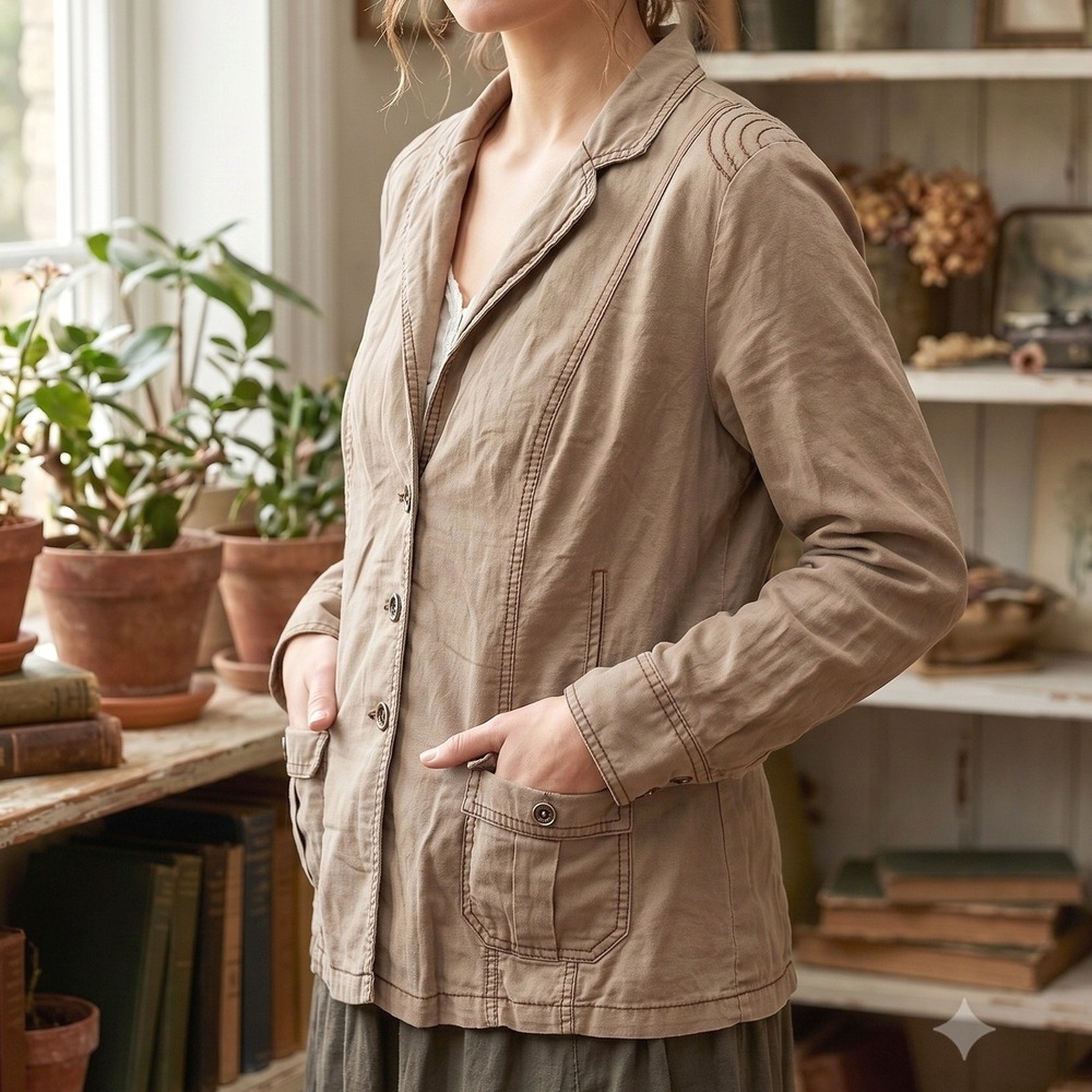Cottagecore Fairy Grunge Utility Jacket Yessica Tan Brown Deco Stitch Womens 46